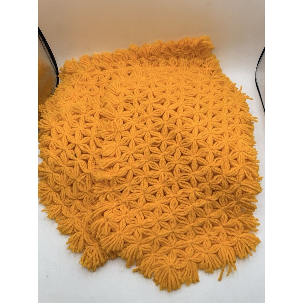 6 Vintage Handmade Crochet Placemat Daisy Loom Fringe Bright Orange MCM